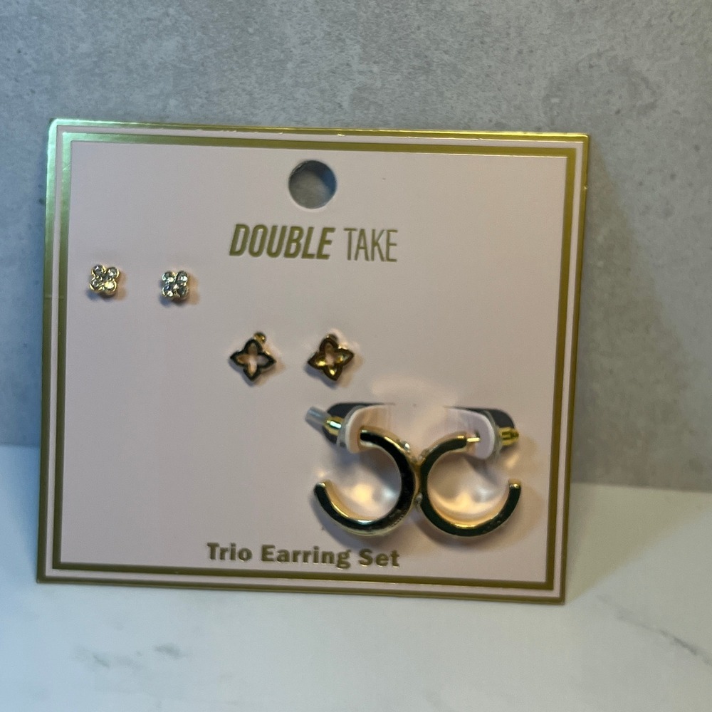 Double Take Trio Earring Set Gold Hoops Quatrefoil Studs Coquette Clean Girl